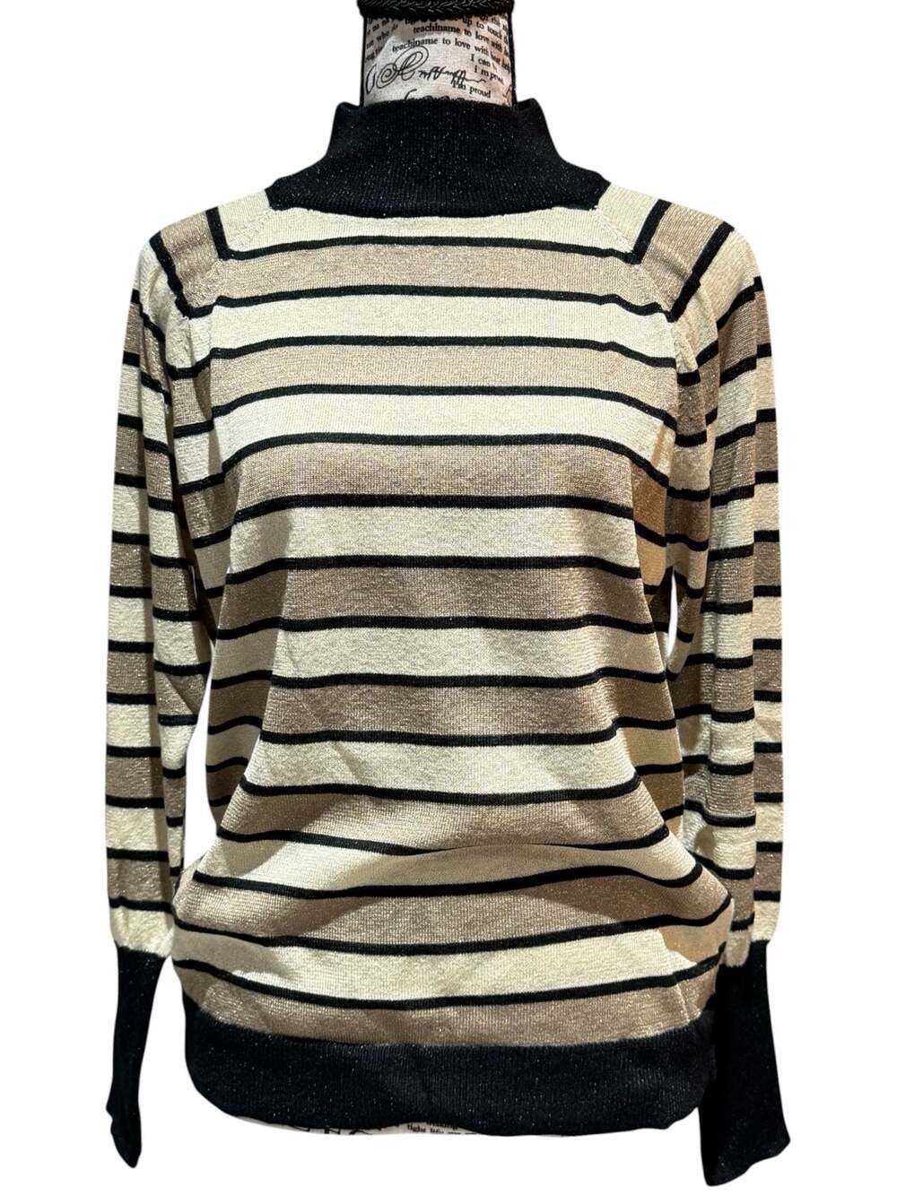 Chaser Metallic Stripe Turtleneck Sweater Med NWT Gold Black Cream Lightweight